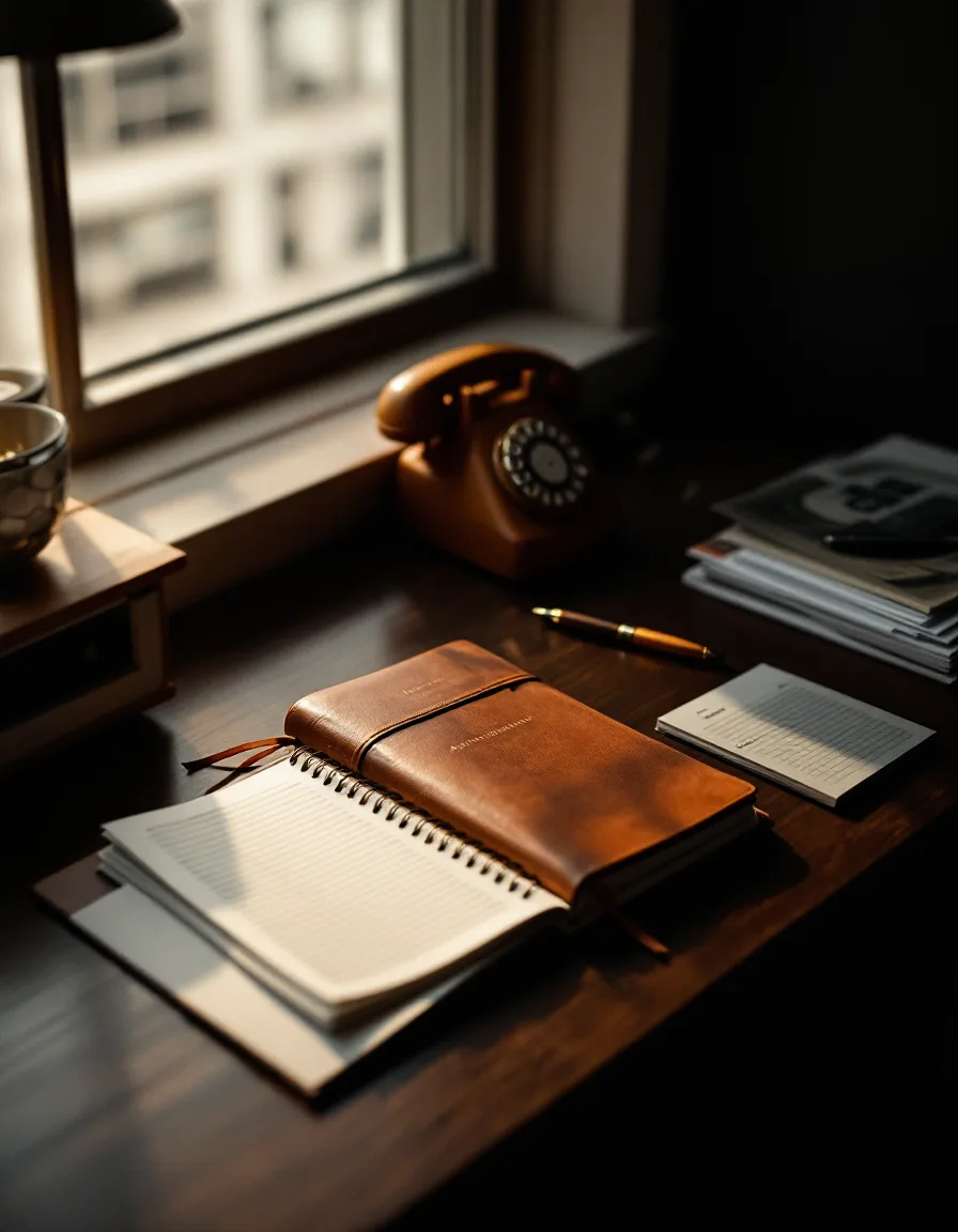 An appointment diary and fountain pen on a desk in warm light