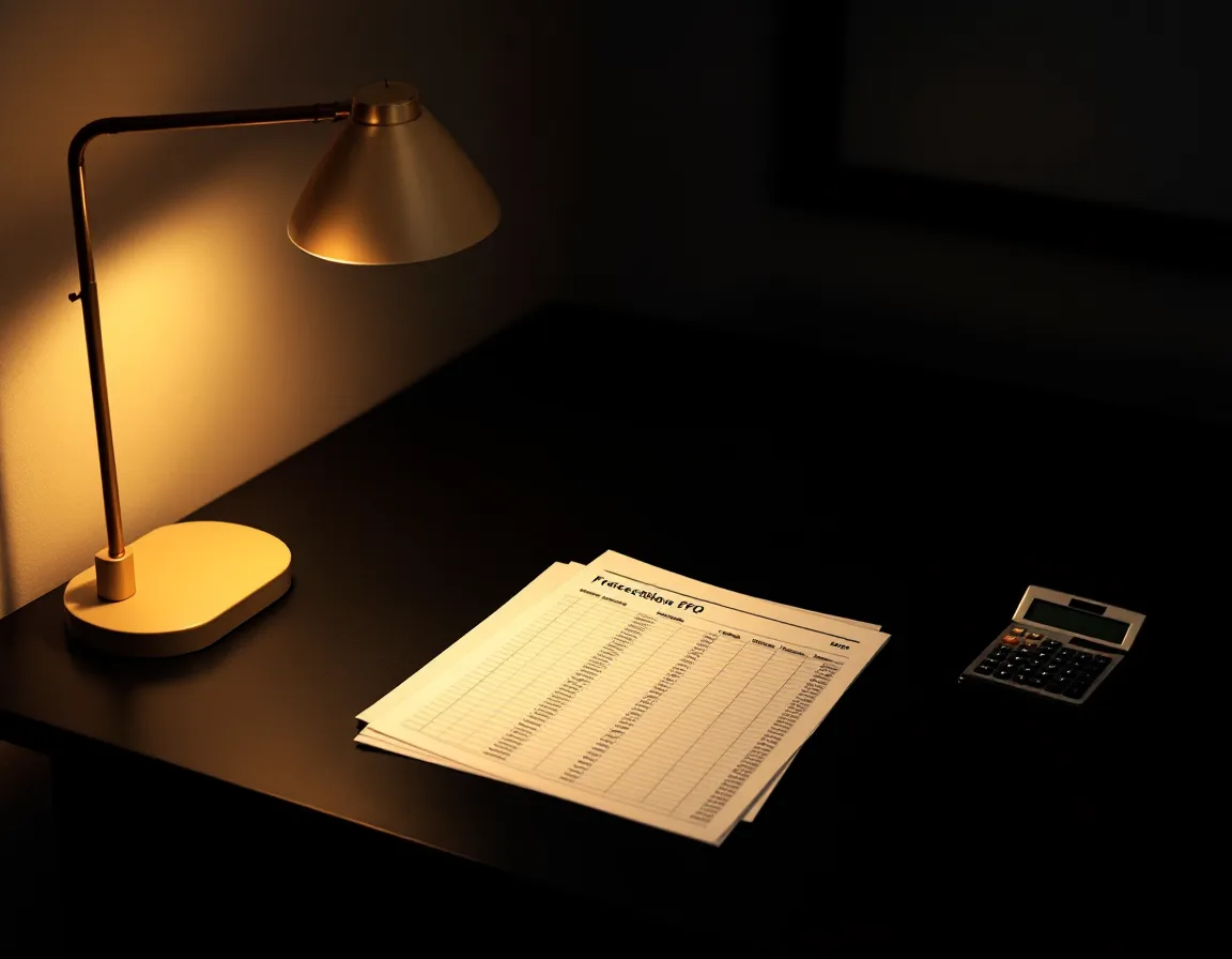 A financial printout and calculator on a dark desk